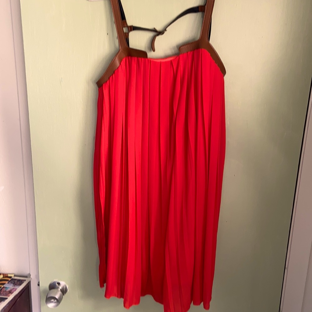 Orange/red mini dress with brown leather trim